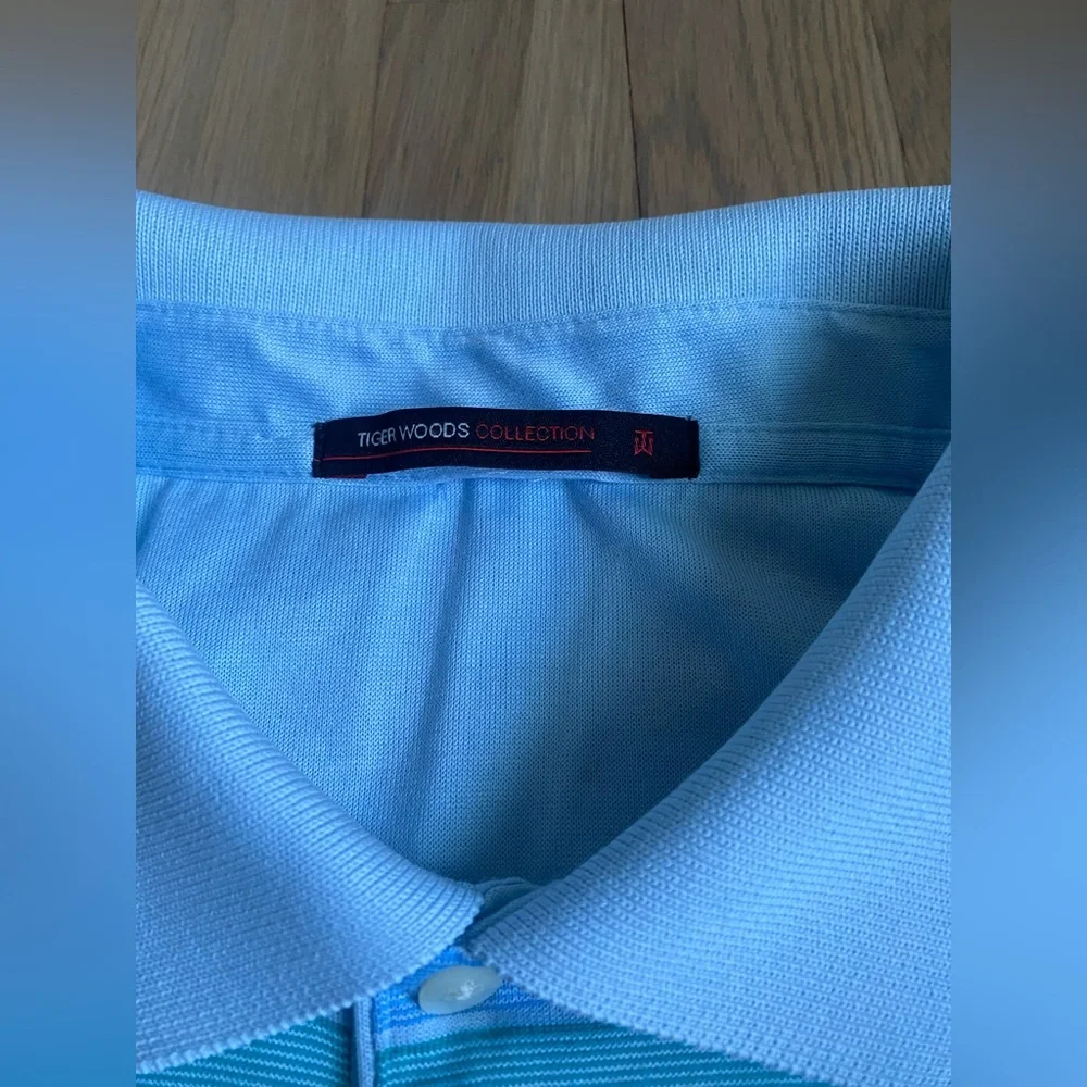Nike Tiger Wood collection Striped Men Blue Polo Shirt size L Dry fit